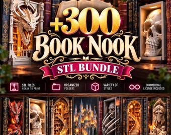 May include: A digital graphic featuring the text +300 BOOK NOOK STL BUNDLE. The image displays various miniature diorama designs including a dragon, a skull, a gothic library, a castle, and a creature, with icons for STL files and licenses.