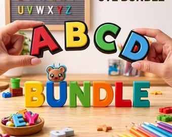 May include: A digital file set titled ALPHABET STL BUNDLE featuring colorful 3D letters A, B, C, D, and the word BUNDLE. The letters are multi-colored with black bases. A small bear icon sits atop the letter U. Includes icons and text for download.