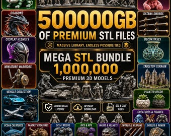 500TB+ Mega STL Bundle | Flexi Animals, Dragons, Vehicles, Anime Figures, Cosplay Props, 3D Print Files Collection