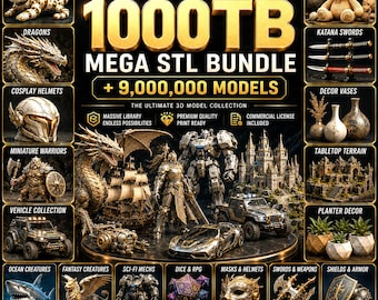May include: A digital advertisement for a 1000TB Mega STL Bundle featuring 9,000,000 3D models. The graphic displays various categories including flexi animals, dragons, cosplay helmets, miniature warriors, vehicles, ocean creatures, and fantasy figures.
