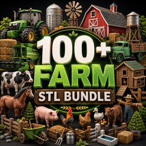 May include: A digital graphic featuring the text 100+ FARM STL BUNDLE in large green and white letters. The image displays a collection of farm-themed elements including a green tractor, a red barn, a windmill, a green truck, and various animals.