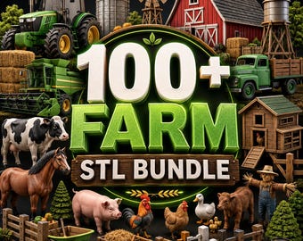 May include: A digital graphic featuring the text 100+ FARM STL BUNDLE in large green and white letters. The image displays a collection of farm-themed elements including a green tractor, a red barn, a windmill, a green truck, and various animals.