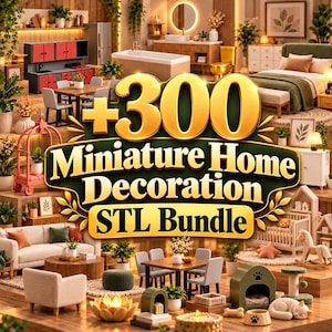May include: A digital collection of 300 miniature home decoration STL files featuring various 3D rendered room scenes including kitchens, bathrooms, bedrooms, and living areas with furniture, plants, and pet accessories in a warm, detailed style.