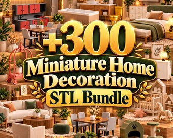 May include: A digital collection of 300 miniature home decoration STL files featuring various 3D rendered room scenes including kitchens, bathrooms, bedrooms, and living areas with furniture, plants, and pet accessories in a warm, detailed style.