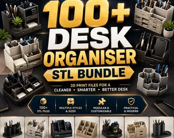 May include: A digital collection of 100+ desk organizer STL files for 3D printing. The image displays various modular storage units in black and beige, featuring multiple compartments, drawers, and slots for stationery, pens, and small office supplies.