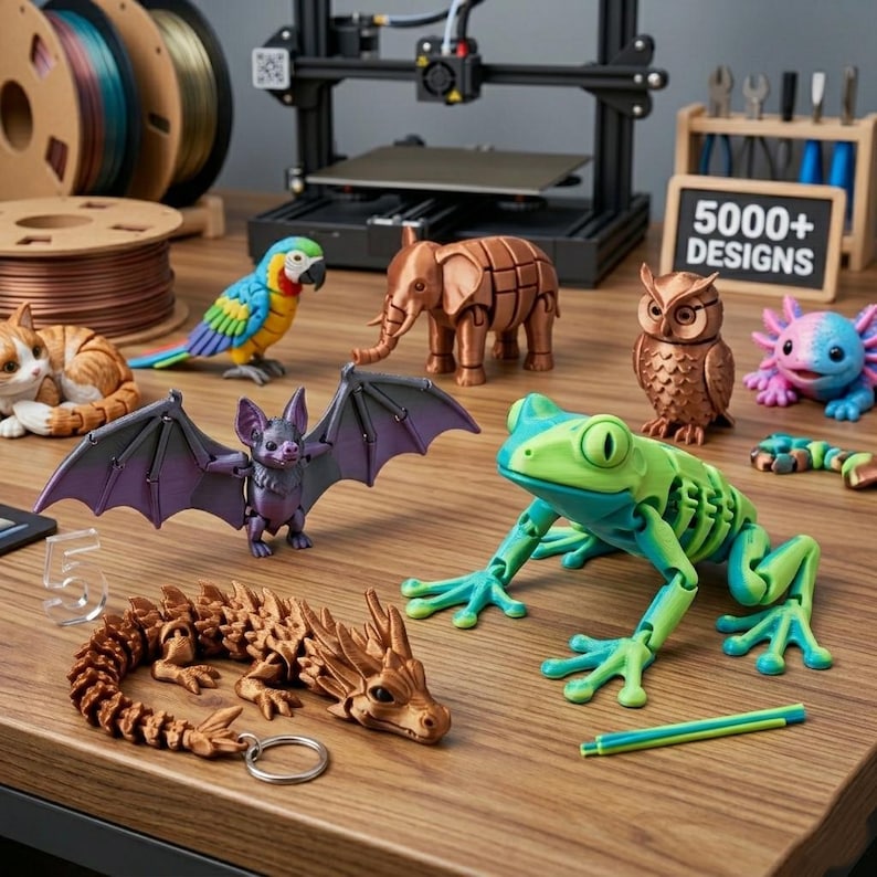 May include: A collection of articulated 3D printed animal figures including a green frog, a bronze dragon keychain, a purple bat, a copper elephant, a colorful parrot, a brown owl, a cat, and a pink and blue axolotl on a wooden surface.