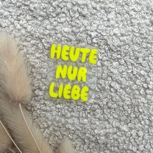 Könnte beinhalten: Ein rechteckiger, transparenter Aufkleber mit dem leuchtend neongelben Schriftzug HEUTE NUR LIEBE in einer fetten, abgerundeten serifenlosen Schrift. Der Aufkleber liegt neben mehreren beigen, flauschigen, getrockneten Ziergräsern.