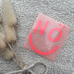 Könnte beinhalten: Ein quadratischer, durchscheinender, blassrosa Aufkleber mit dem leuchtend neonpinken Text "NO" über einer geschwungenen, neonpinken Linie, die einen lächelnden Mund bildet. Der Aufkleber wird von einem kleinen Bündel getrockneter, cremefarbener Grashalme begleitet.