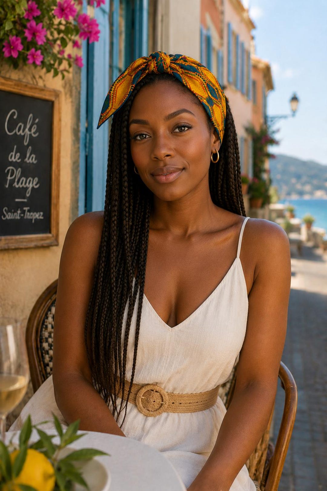 African-inspired geometric print luxury silk scarf styled as a statement headscarf