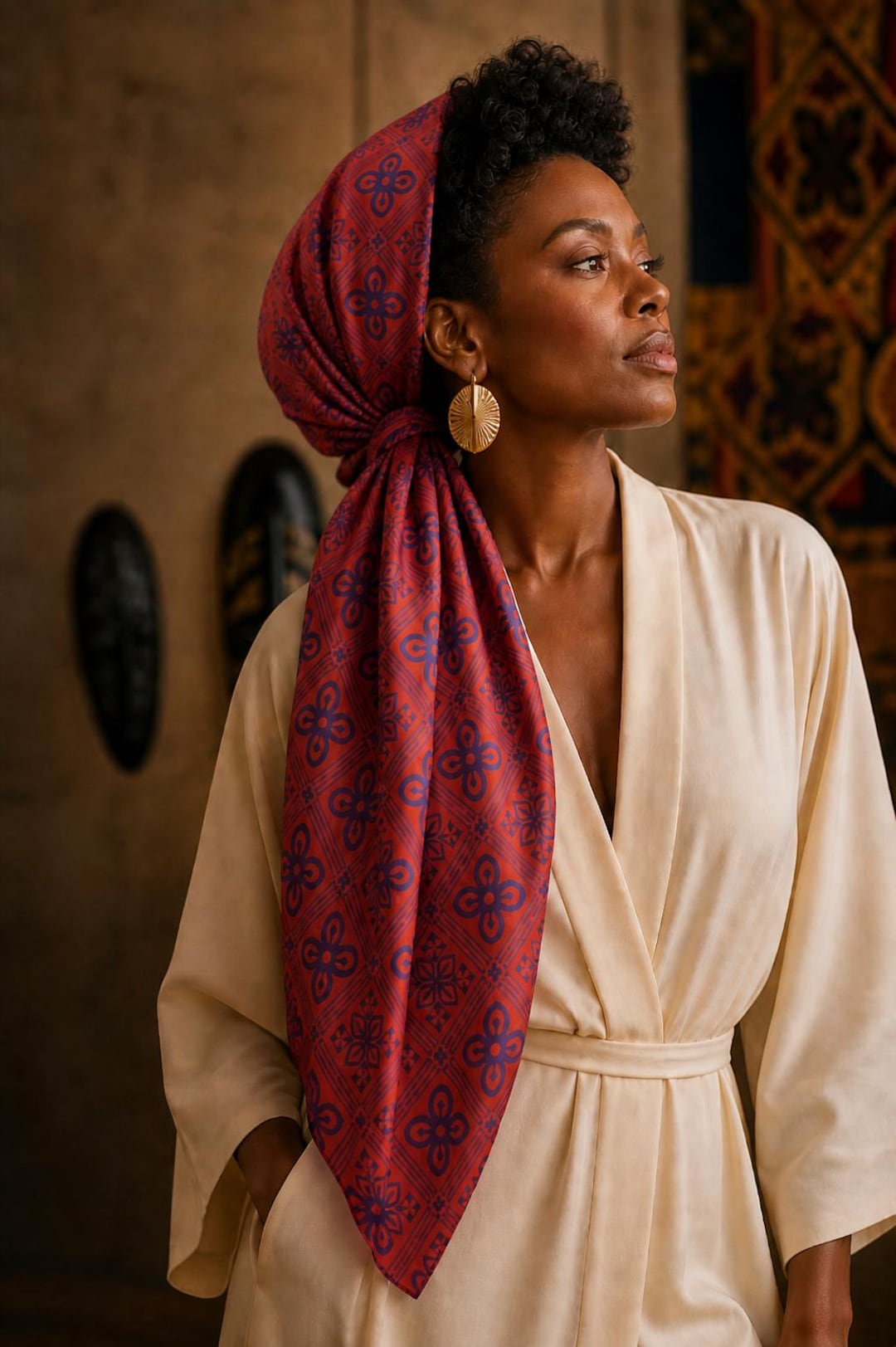 Woman wearing an African-print red and blue floral silk scarf as a head wrap