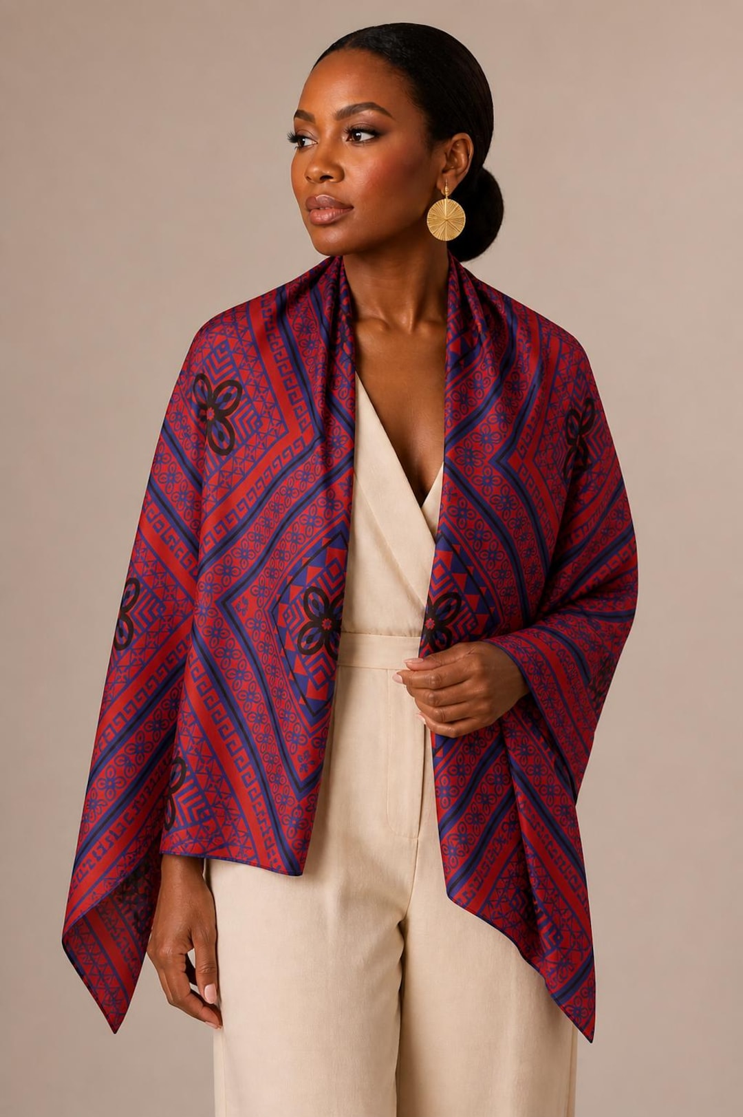 Luxury African-inspired silk scarf in red and navy blue geometric print