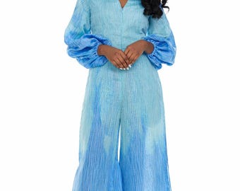Blue Ombré Organza Jumpsuit – Statement Wedding Guest Outfit, Designer Eveningwear