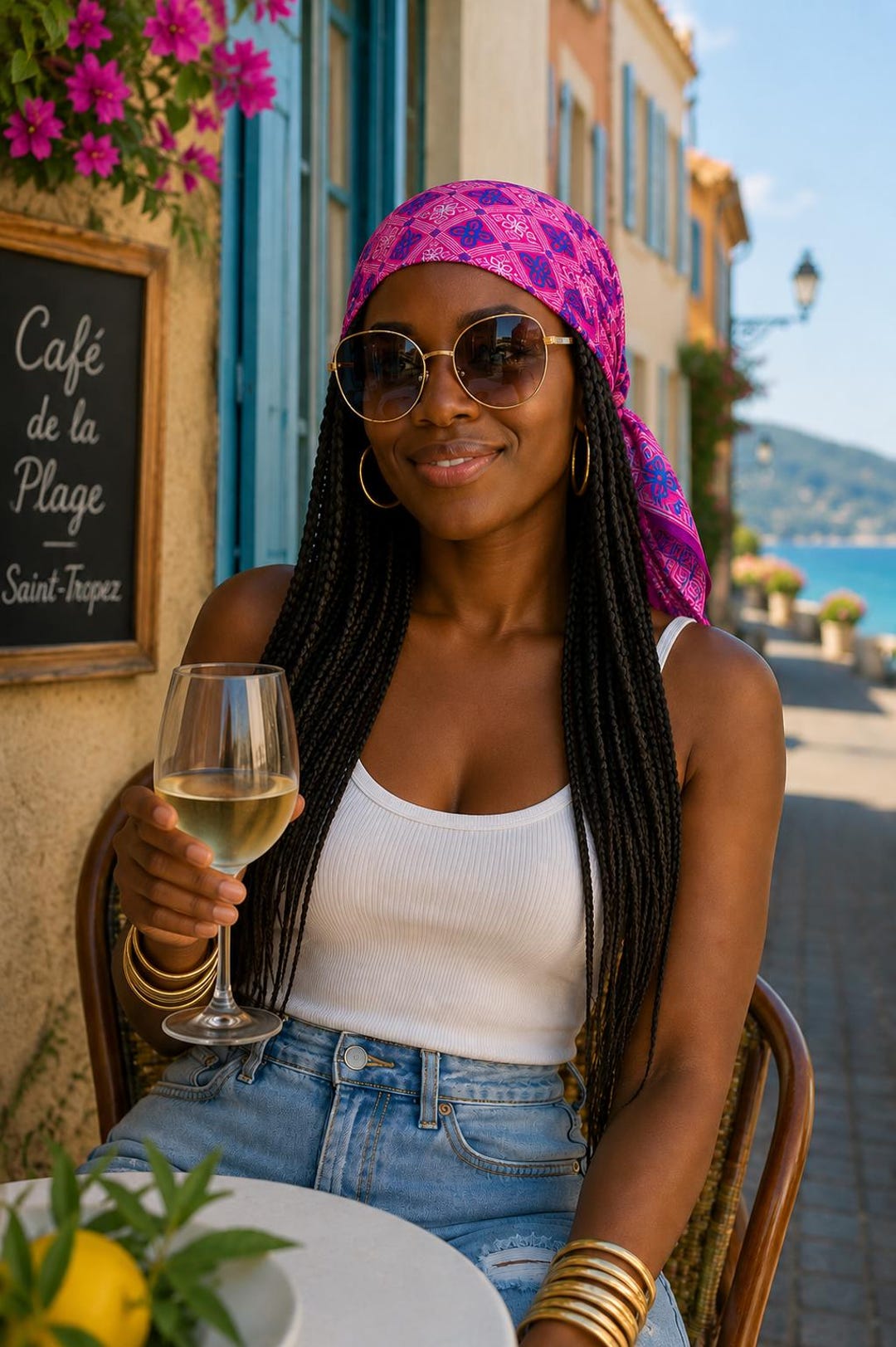Woman at a café wearing a vibrant pink African-print heritage silk scarf as a headscarf