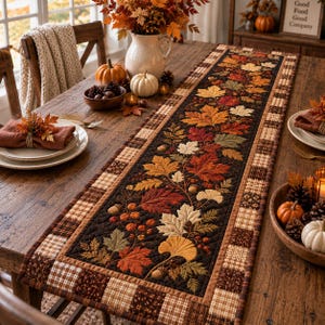 May include: A rectangular quilted table runner featuring a dark brown center panel with a printed pattern of colorful autumn leaves, acorns, and berries, bordered by a tan and brown checkered fabric trim on all sides of the runner.