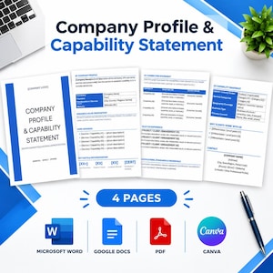 May include: A four-page company profile and capability statement template featuring blue and white text layouts. The document includes sections for company details, core services, and project experience. Icons for Microsoft Word, Google Docs, PDF, and Canva are displayed below.
