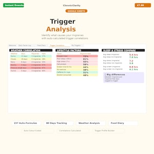 Migraine Trigger Analysis Spreadsheet | Weather, Food, Sleep Correlation Tracker