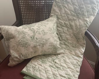 Children's Green Toile Heirloom Baby Quilt Set with Pillow