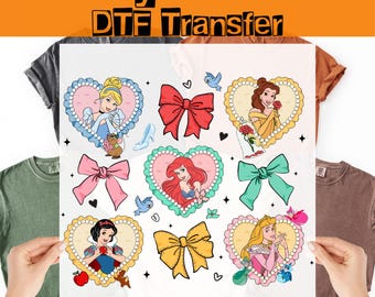 Disney Princess Heart Character DTF Transfers, Coquette Bow Princesses Matching Group Ready To Press,