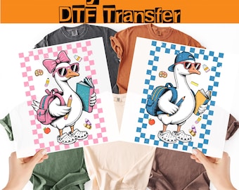 Transferencia térmica de ganso DTF para regreso a clases, pato escolar para niño y niña listo para prensar,