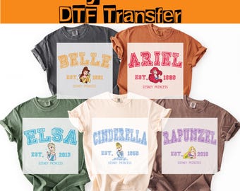 Disney Princesses Matching Group DTF Transfers, Retro Varsity Princess Character Ready To Press, Iron-On-Decal