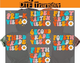 Retro Grade Vibes DTF Transfer, Back To School Ready Press, First-Grade Second-Grade Third-Grade Fourth-Grade