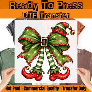 Christmas Elf Bow DTF Transfer, Ready to Press Holiday Shirt Print, Xmas Elf Legs Heat Transfer, Cute Winter Holiday DIY Apparel Design