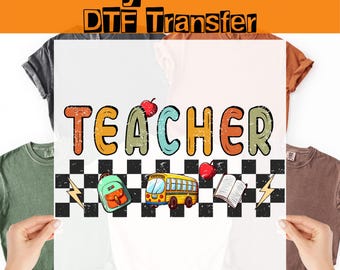 Transferencia térmica Checkered Teacher DTF, estilo retro para profesores, lista para planchar, calcomanía termoadhesiva,