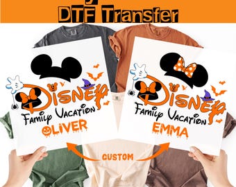 Transferencia termoadhesiva personalizada de vacaciones familiares de Disney, nombre de Halloween de Disney listo para planchar, calcomanía personalizada para planchar