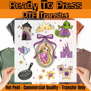 May include: A DTF transfer sheet featuring various cartoon graphics. Included are a princess, a castle, a chameleon, a frying pan with text, and other related images. The text "Ready To Press" and "DTF Transfer" are at the top.