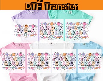 Gingham Back To School DTF Transferencia térmica, Pastel Primer grado Escuela Listo para prensar,