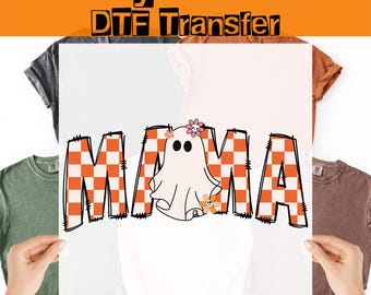 Transferencia Mama Ghost DTF, Halloween Mama Checkerboard Listo para planchar, Spooky Season Mom Calcomanía termoadhesiva