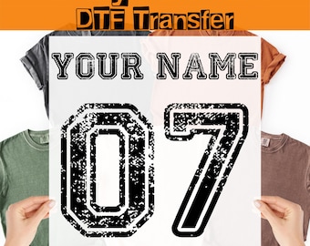 Transferencia térmica DTF con nombre y número de equipo personalizados, nombre de equipo retro listo para planchar.