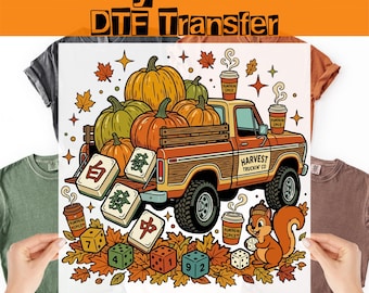 Transferencia DTF de camión de calabazas de Halloween, cosecha de otoño lista para planchar, calcomanía termoadhesiva de Mahjong de otoño