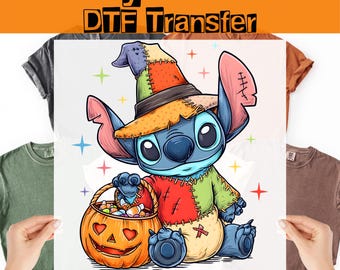 Pacthwork Stitch Pumpkin DTF Transfer, Stitch Fall Ready To Press, Trick or Treat Iron-On-Decal