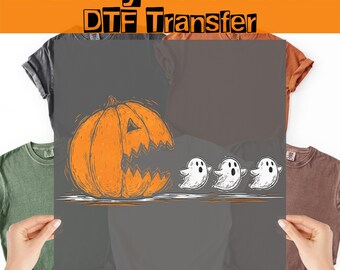 Pac-Pumpkin Ghost Halloween DTF Transfer, Pumpkin Spooky Halloween Ready To Press, Iron On Decal