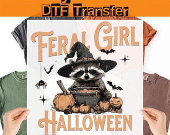Transferencia DTF de Chica Feral de Halloween, Mapache Espeluznante Listo para Presionar, Calcomanía Termoactiva de Calabaza con Mapache Basura