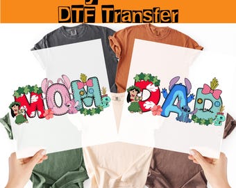 Transferencia DTF de Stitch Papá y Mamá, Disney Stitch Mamá y Papá Listos para Prensar,