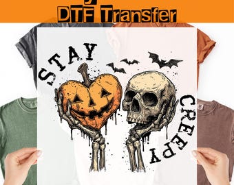 Transferencia termoadhesiva gótica y espeluznante de Halloween, calavera y corazón de calabaza, lista para planchar.