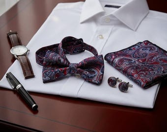 Personalized Bow Tie Set for Men – Custom Color Bow Tie, Pocket Square & Cufflinks Set – Groom Gift, Groomsmen Gift, Wedding Accessories Box