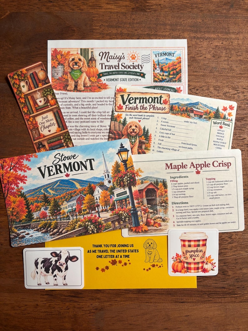 Vermont Travel Letter | Word Game | Letter | Bookmark | US Travel | Calendar | Mail Club | Postcard l Stationery l Scrapbook I Sticker image 1