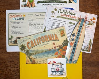 May include: A collection of California-themed educational materials including a Maisy's Travel Society letter, a recipe card, a landmarks activity sheet, a postcard, a surfboard-shaped cutout, and a lifeguard tower sticker inside a yellow envelope.