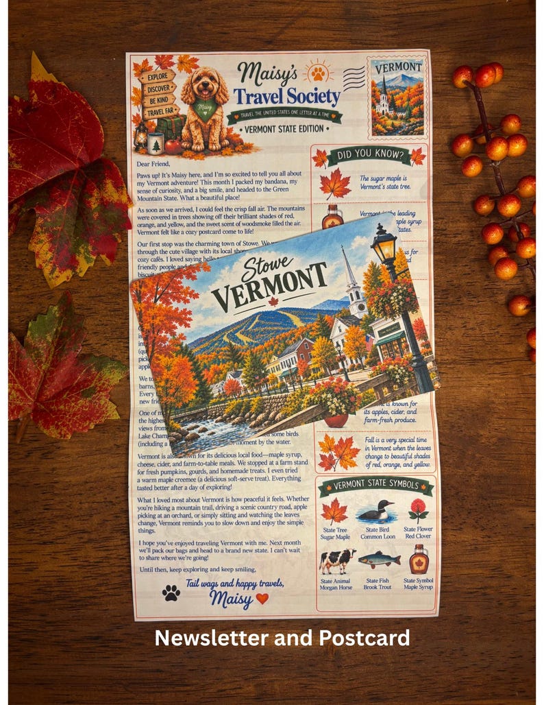 May include: A printed newsletter titled Maisy's Travel Society Vermont State Edition featuring a cartoon dog, text, and state symbols, layered with a postcard depicting a scenic Stowe Vermont landscape with autumn foliage and a church steeple.