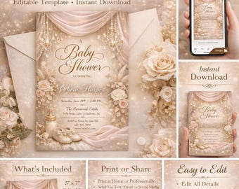 Modelo de convite de chá de bebê luxuoso em dourado