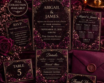 Conjunto de convites de casamento Plum Noir | Modelo elegante em tons de vinho e dourado para Canva (Download digital)