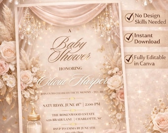 Luksusowy szablon zaproszenia na baby shower, elegancki, neutralny wzór kwiatowy (do pobrania z serwisu Canva)