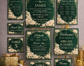 Conjunto de convites de casamento verde esmeralda | Modelos florais dourados para Canva (Pacote)