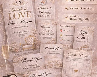 Conjunto de Modelos Editáveis de Luxo para Chá de Panela no Canva | Decoração Elegante para Chá de Panela em Tons de Rosa e Dourado