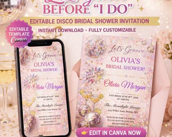 Convite para Chá de Panela com Tema Disco, Modelo Editável no Canva, Convite para Despedida de Solteira