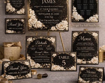 Conjunto de convites de casamento com estampa floral em preto e dourado | Modelo editável no Canva (Download digital)