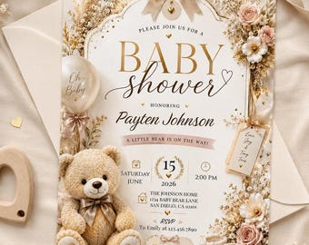 Szablon zaproszenia na baby shower z misiem | Neutralny beżowy motyw misia (do pobrania cyfrowego)